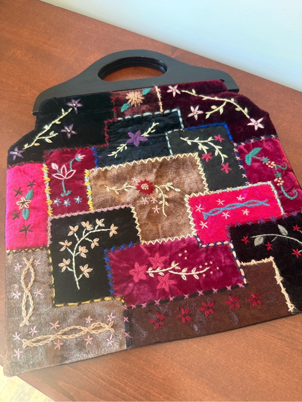 Embroidered Patchwork Velvet Tote Bag‎ in Multi-Colored Jewel Tones